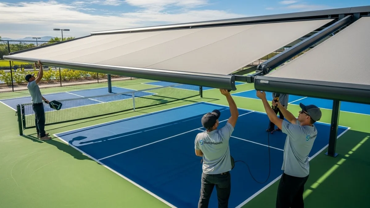 Thi công lắp đặt mái xếp di động cho sân pickleball chuyên nghiệp