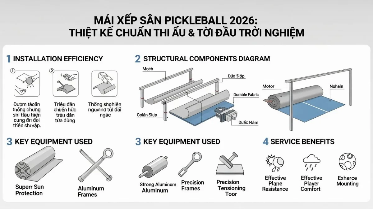 Đội ngũ kỹ thuật đang thi công lắp đặt mái che cho sân thể thao chuyên nghiệp