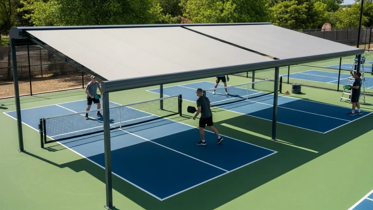 Mẫu mái xếp sân Pickleball có độ cao đạt chuẩn thi đấu