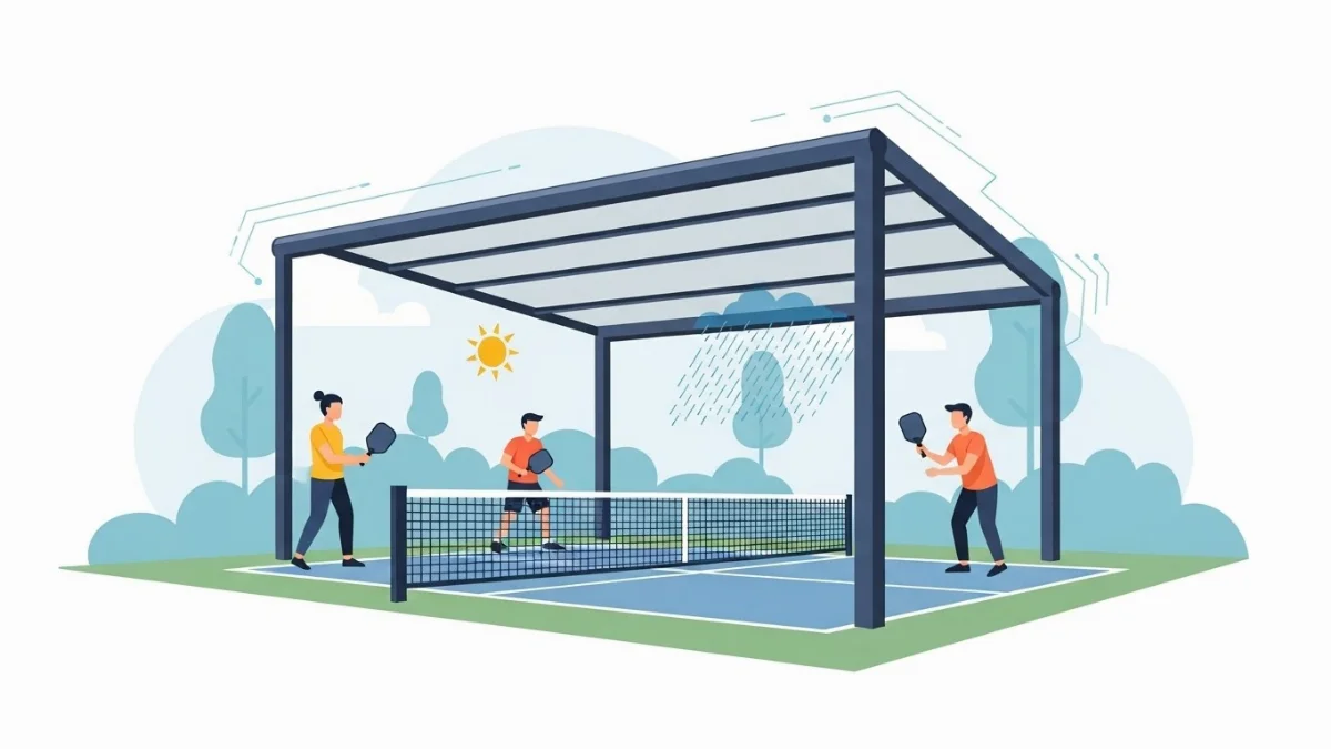 Không gian sân Pickleball mát mẻ nhờ hệ thống mái che bạt xếp