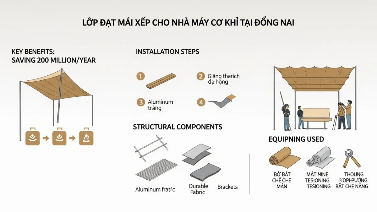 Mái xếp di động lắp đặt tại khu vực nhà xưởng công nghiệp