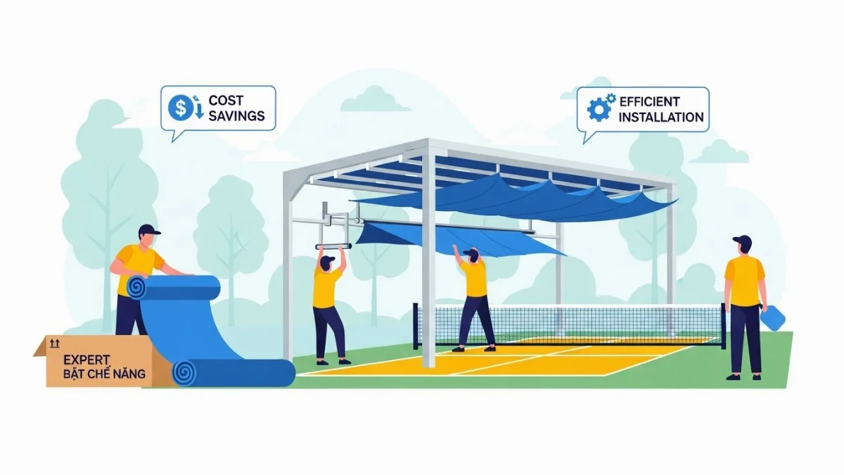 Mái xếp lượn sóng hiện đại bảo vệ sân pickleball khỏi nắng mưa