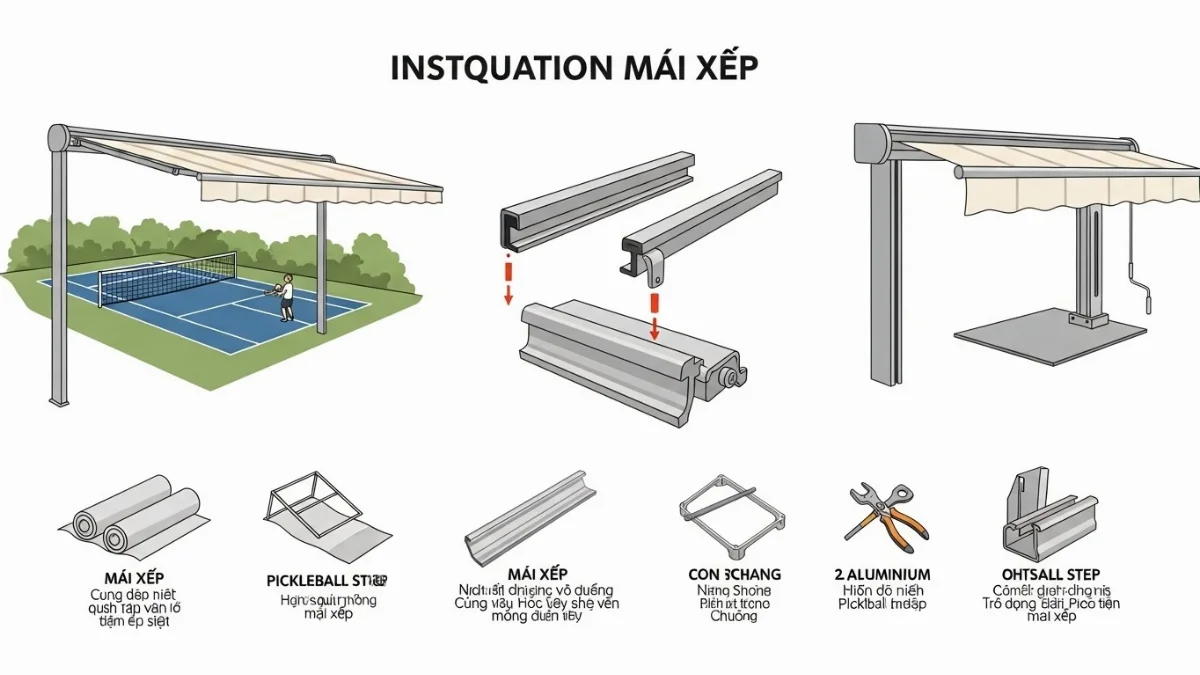 Mái xếp sân pickleball hiện đại che phủ toàn bộ sân chơi, tạo không gian lý tưởng.