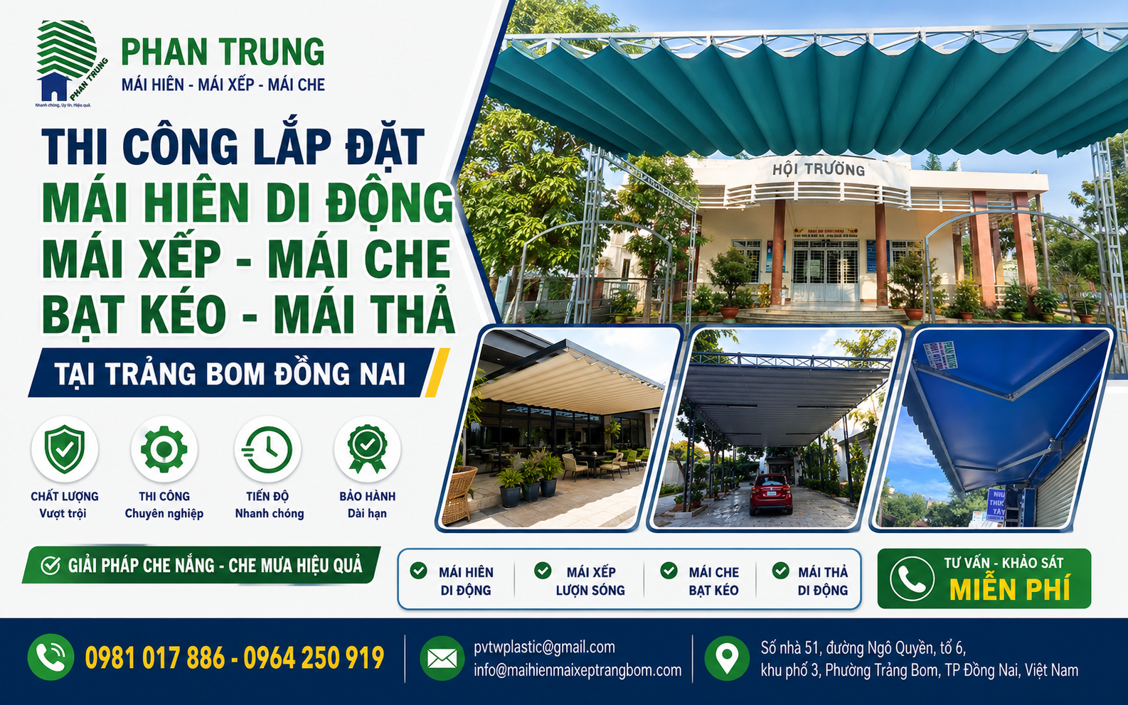 Lắp đặt mái che bạt kéo Trảng Bom chuyên nghiệp, giá hợp lý