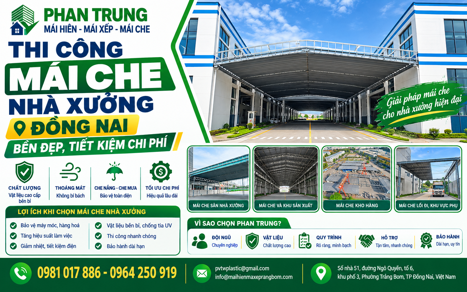 Mái che nhà xưởng khung thép rộng rãi, phù hợp khu vực sản xuất.