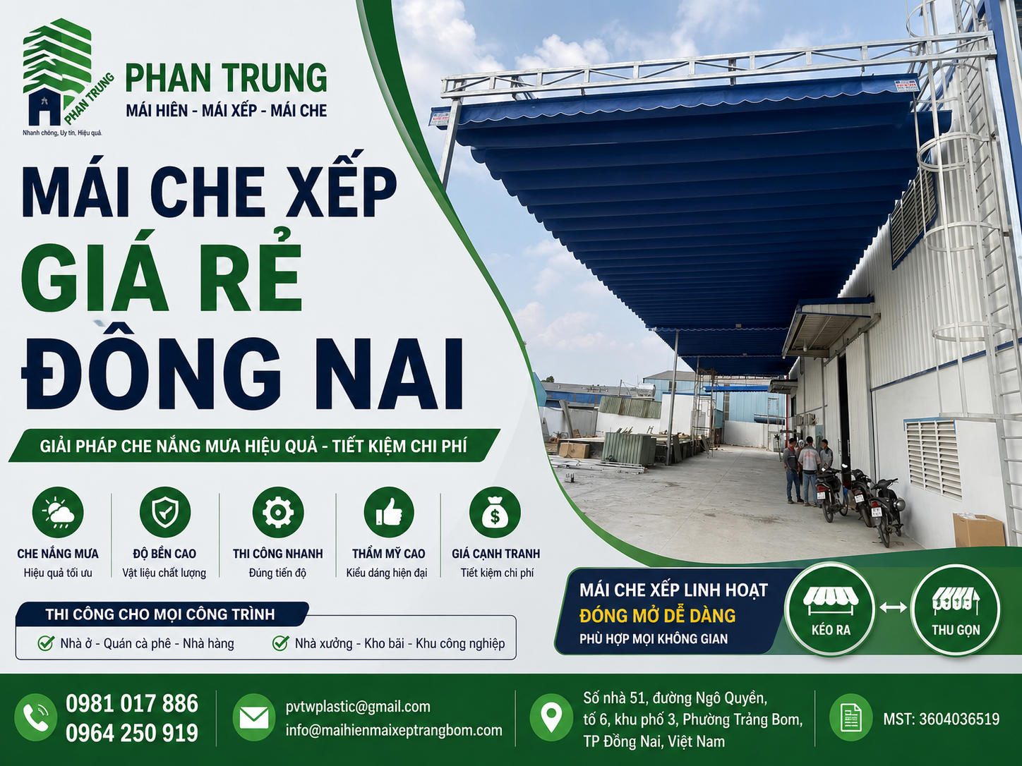 Mái Che Xếp Giá Rẻ Đồng Nai | Thi Công Uy Tín, Chất Lượng Cao